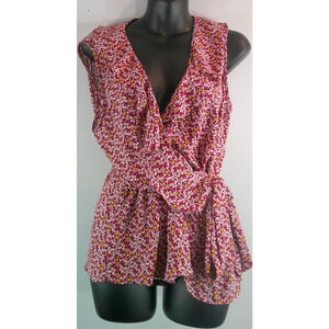 Max Studio Women's Large Sleeveless Burgandy top Cinched Waist, Ruffled V-neck